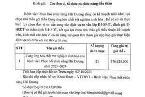 THƯ MỜI BÁO GIÁ TƯ VẤN THẦU HÓA CHẤT XÉT NGHIỆM SINH HÓA