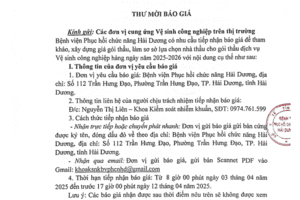 Thư mời báo giá cung cấp dịch vụ Vệ sinh công nghiệp hàng ngày tại Bệnh viện Phục hồi chức năng Hải Dương