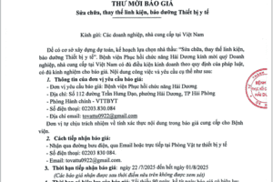Thư mời báo giá sửa chữa, thay thế linh kiện, bảo dưỡng Thiết bị y tế