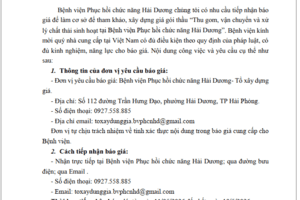 Thư mời báo giá: để làm cơ sở để tham khảo, xây dựng giá gói thầu "Thu gom, vận chuyển và xử lý chất thải sinh hoạt tại Bệnh viện Phục hồi chức năng Hải Dương"