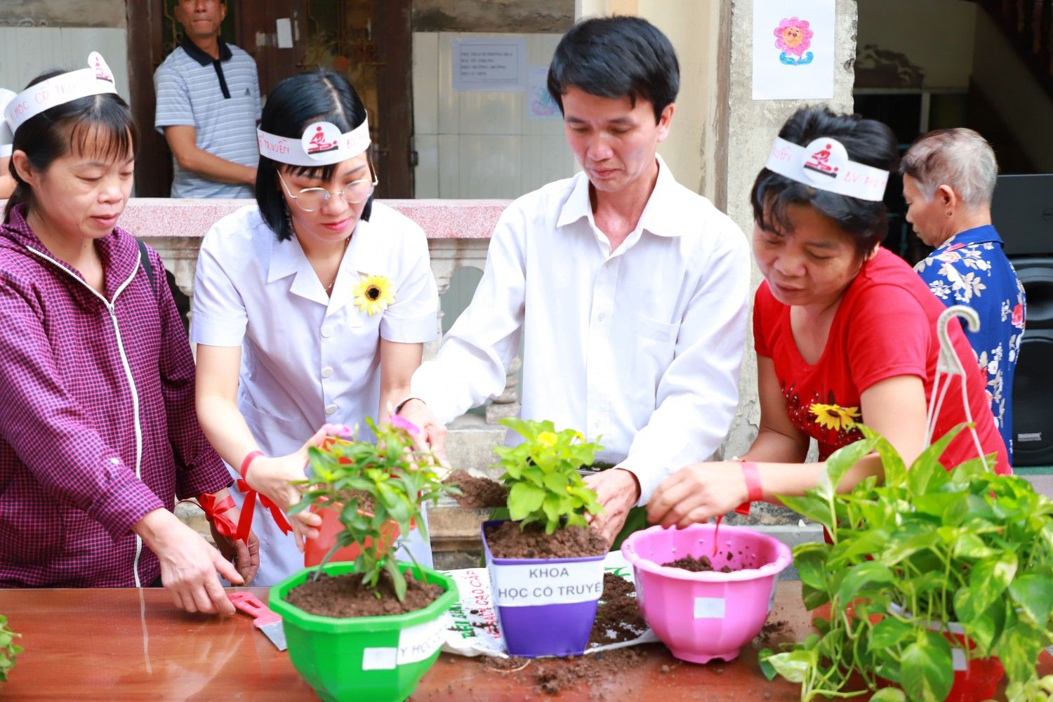 Nhân viên y tế chung tay cùng bệnh nhâ và người nhà bệnh nhân trồng cây